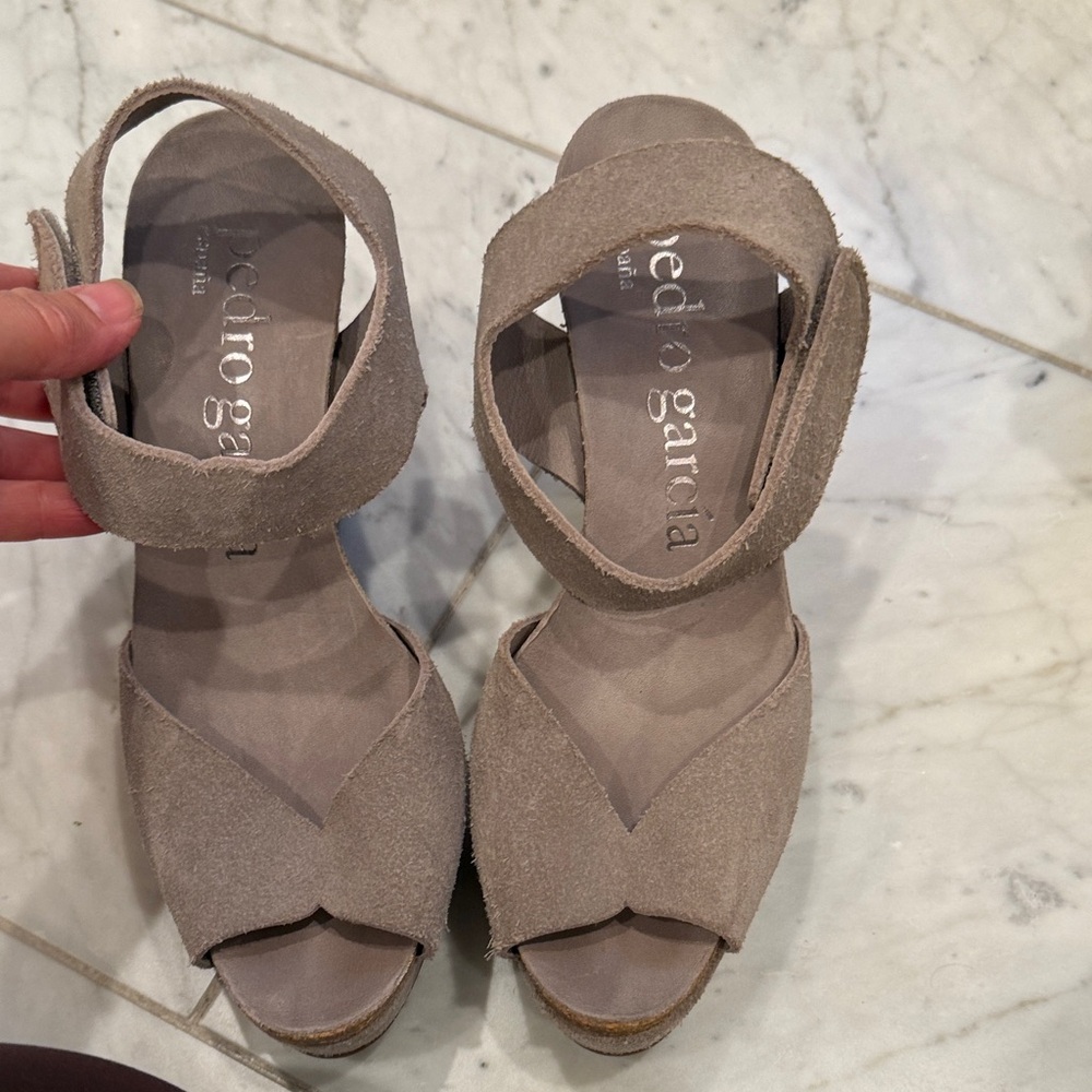 Pedro Garcia Taupe Suede Ankle-Strap Wedges